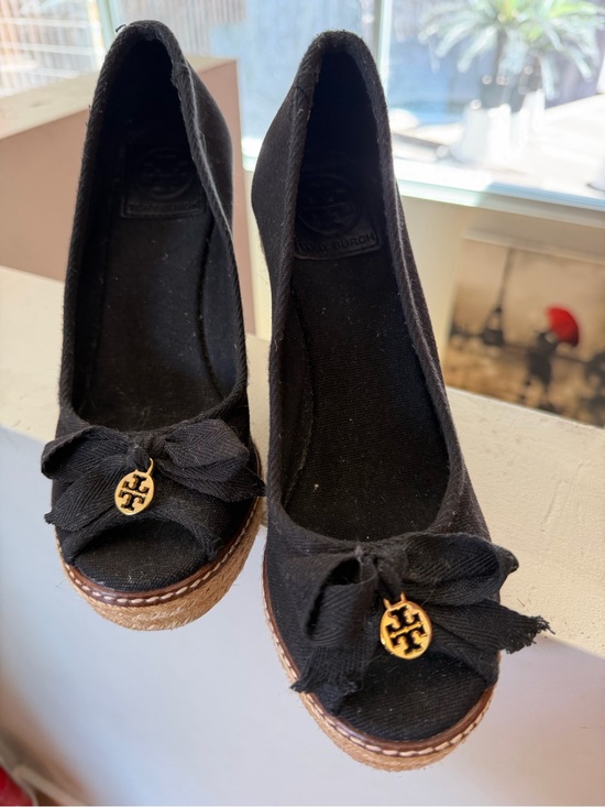 Tory Burch Shoes - Tory Burch Black Canvas Espadrille Wedges with Gold Logo Charm